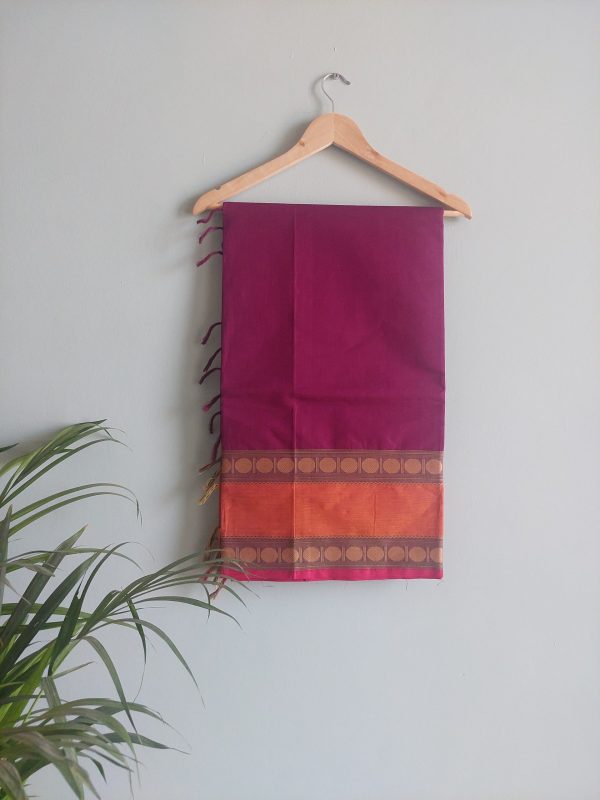 Dark Purple & Mustard Chettinad Cotton Saree - Image 3