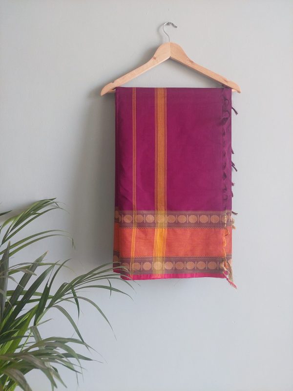 Dark Purple & Mustard Chettinad Cotton Saree - Image 2