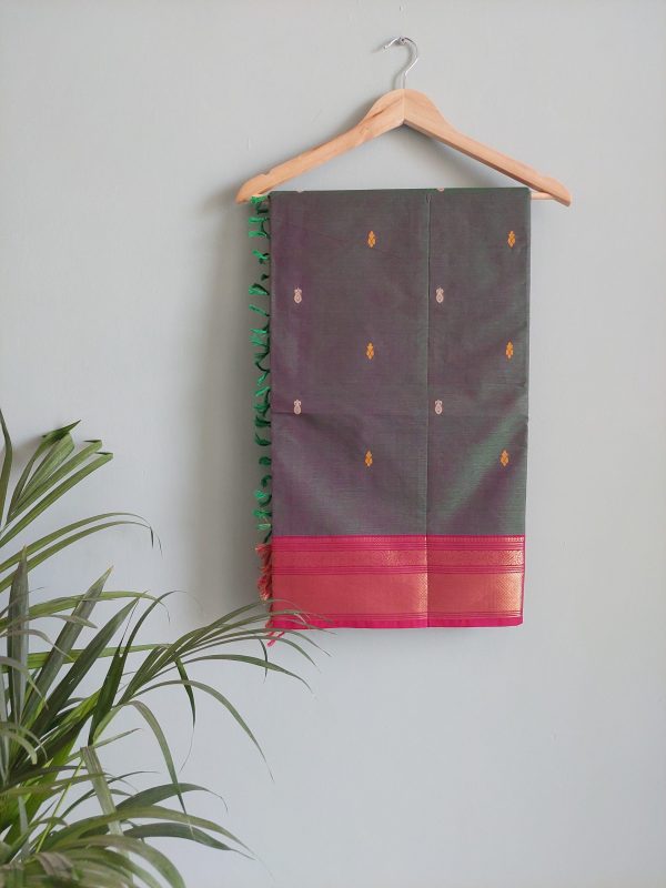 Dark Green & Red Chettinad Cotton Saree - Image 5