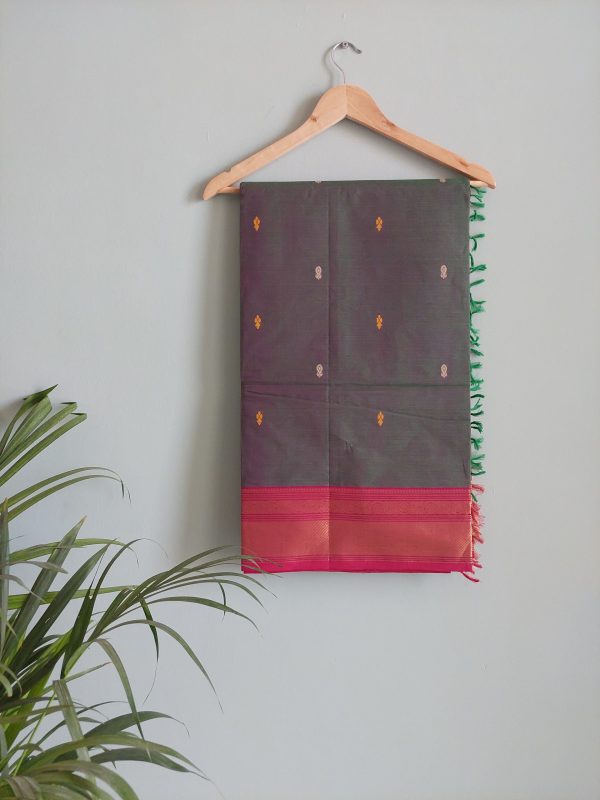 Dark Green & Red Chettinad Cotton Saree - Image 6