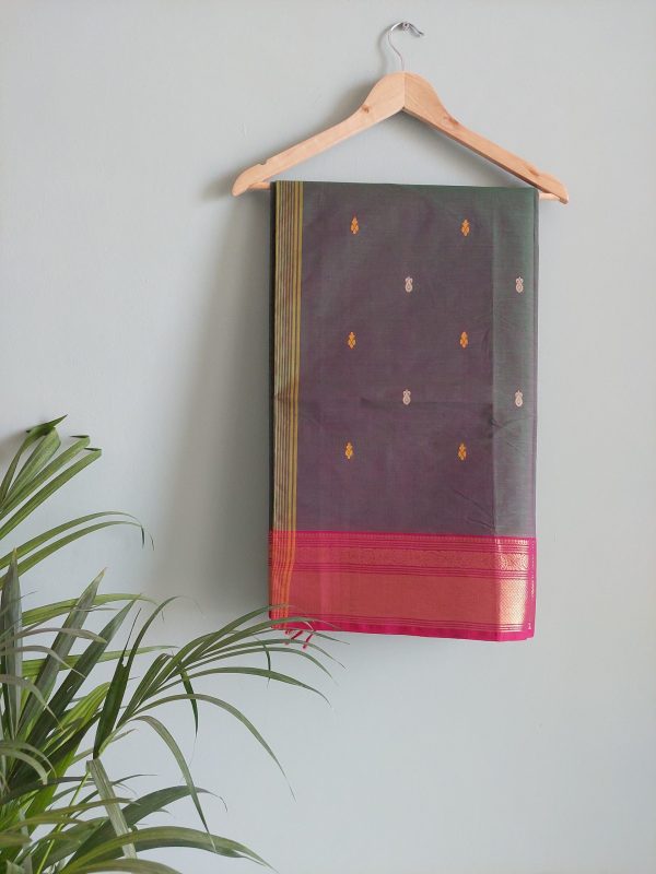 Dark Green & Red Chettinad Cotton Saree - Image 3