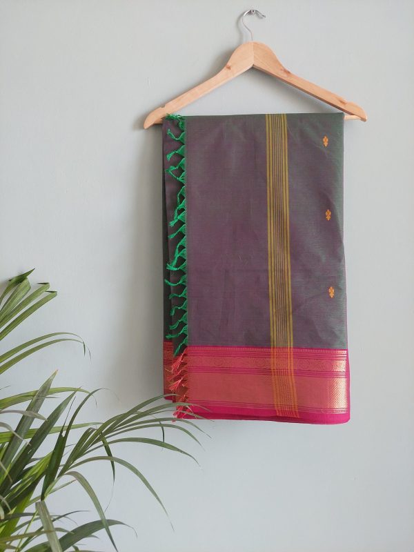 Dark Green & Red Chettinad Cotton Saree - Image 2