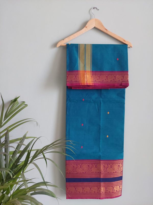 Dark Cerulean blue & Dark Pink / Dark Blue Chettinad Cotton Saree