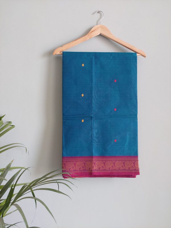 Dark Cerulean blue & Dark Pink / Dark Blue Chettinad Cotton Saree - Image 5