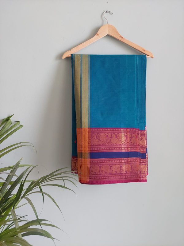 Dark Cerulean blue & Dark Pink / Dark Blue Chettinad Cotton Saree - Image 6