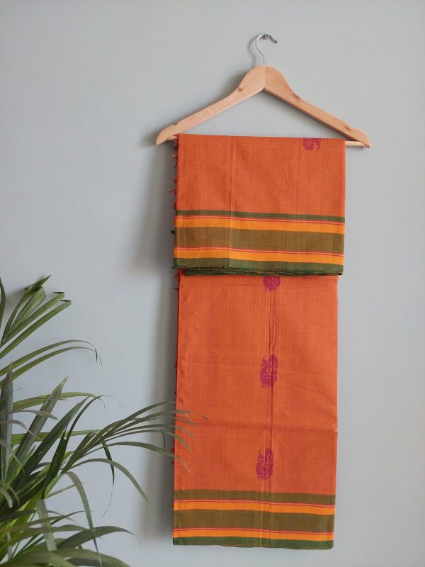 Mustard yellow,  Dark Green and Bright yellow Chettinad Cotton Saree (Handloom) - Image 6