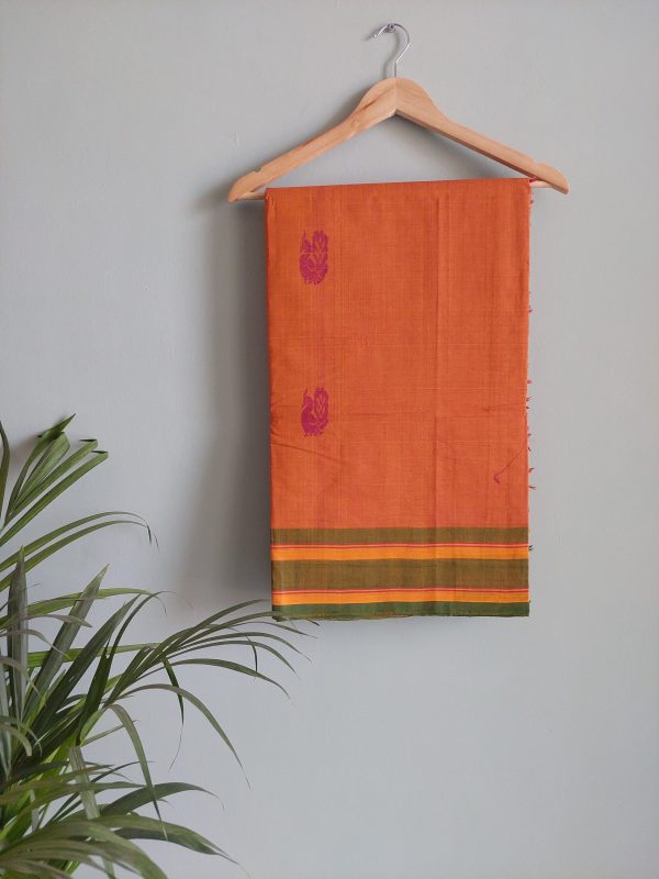 Mustard yellow,  Dark Green and Bright yellow Chettinad Cotton Saree (Handloom) - Image 5