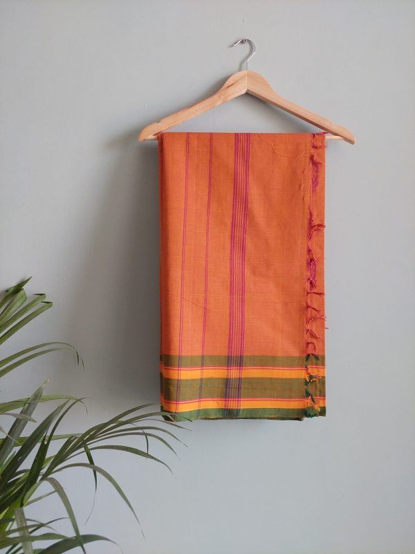 Mustard yellow,  Dark Green and Bright yellow Chettinad Cotton Saree (Handloom) - Image 7