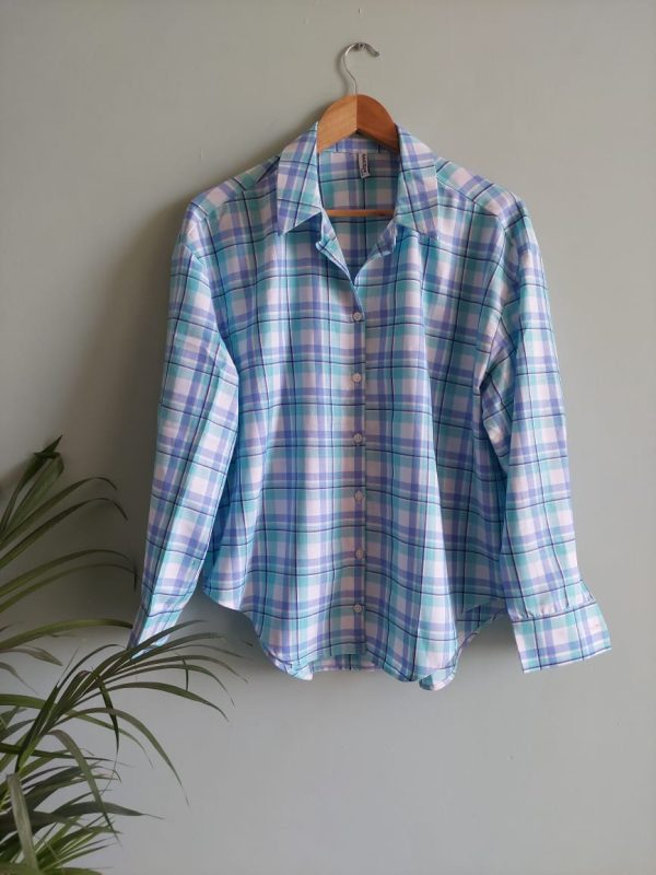 Turquoise checked cotton shirt - Image 3