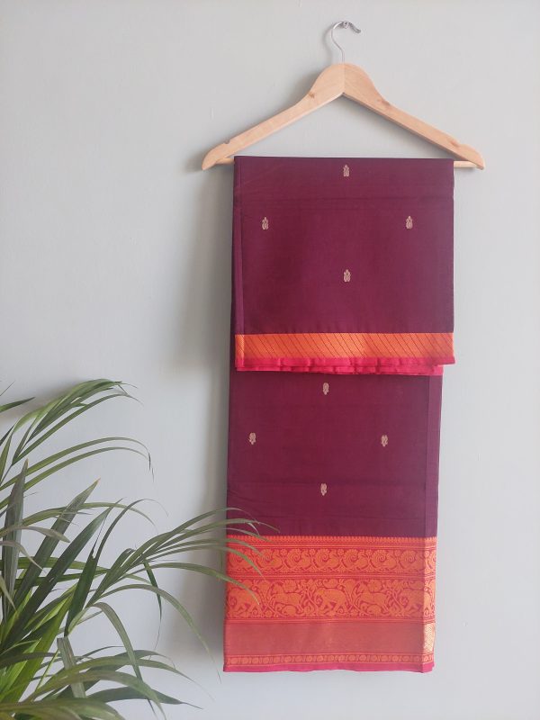 Purplish Maroon & Red Chettinad Cotton Saree