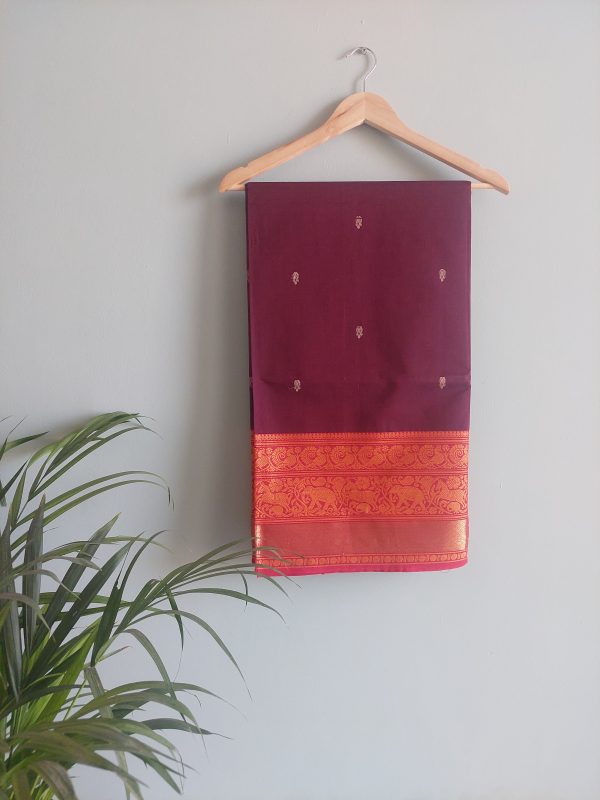 Purplish Maroon & Red Chettinad Cotton Saree - Image 3