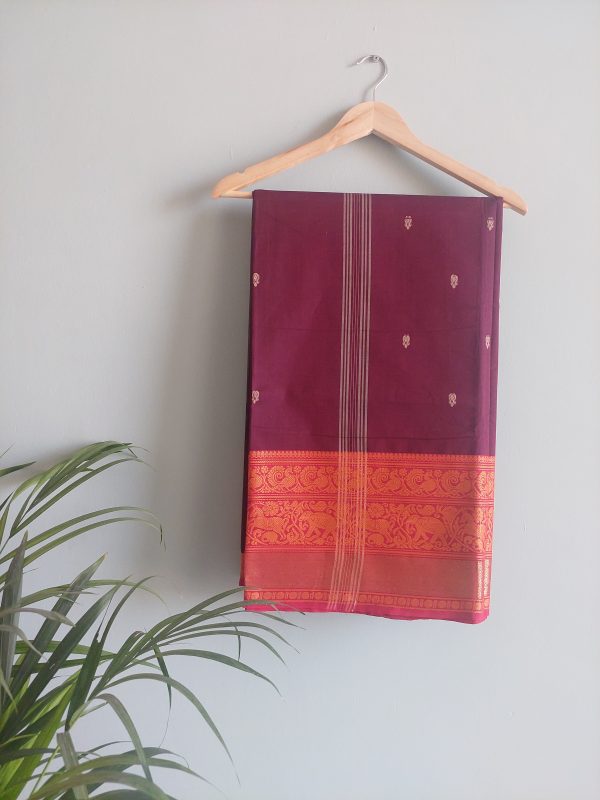 Purplish Maroon & Red Chettinad Cotton Saree - Image 4