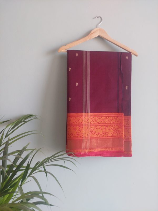 Purplish Maroon & Red Chettinad Cotton Saree - Image 5