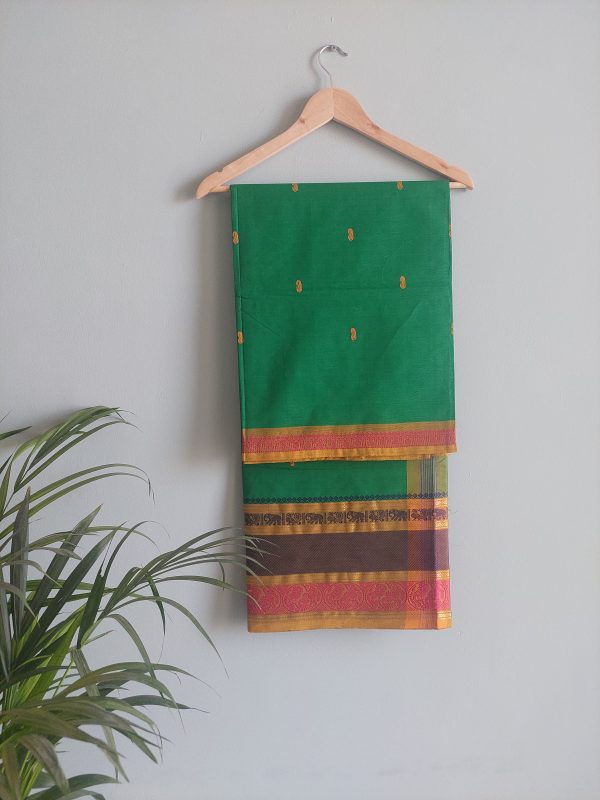 Tropical Green & Dark Blue/ Mustard /Pink  Chettinad Cotton Saree - Image 2