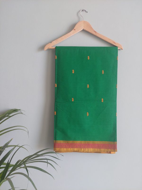 Tropical Green & Dark Blue/ Mustard /Pink  Chettinad Cotton Saree - Image 3