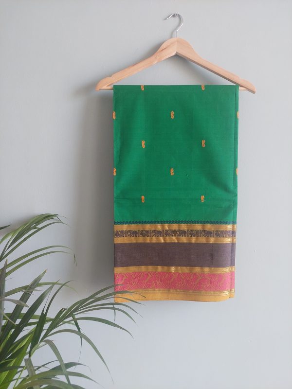 Tropical Green & Dark Blue/ Mustard /Pink  Chettinad Cotton Saree