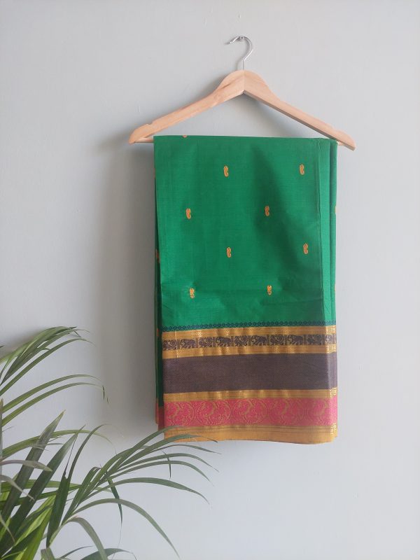 Tropical Green & Dark Blue/ Mustard /Pink  Chettinad Cotton Saree - Image 4