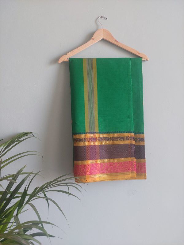 Tropical Green & Dark Blue/ Mustard /Pink  Chettinad Cotton Saree - Image 5