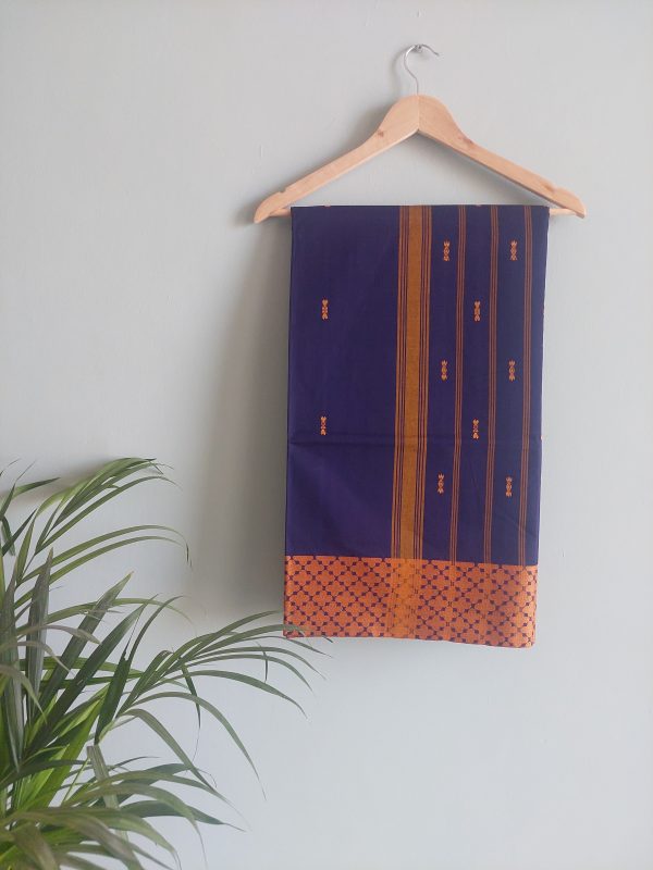 Dark Blue & Mustard Yellow Chettinad Cotton Saree - Image 3