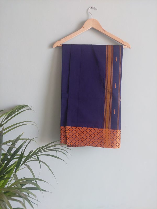 Dark Blue & Mustard Yellow Chettinad Cotton Saree - Image 4