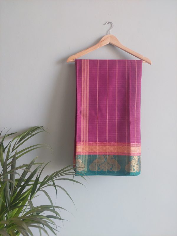 Magenta & Dark Teal Chettinad Cotton Saree - Image 3