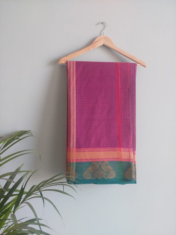 Magenta & Dark Teal Chettinad Cotton Saree - Image 4