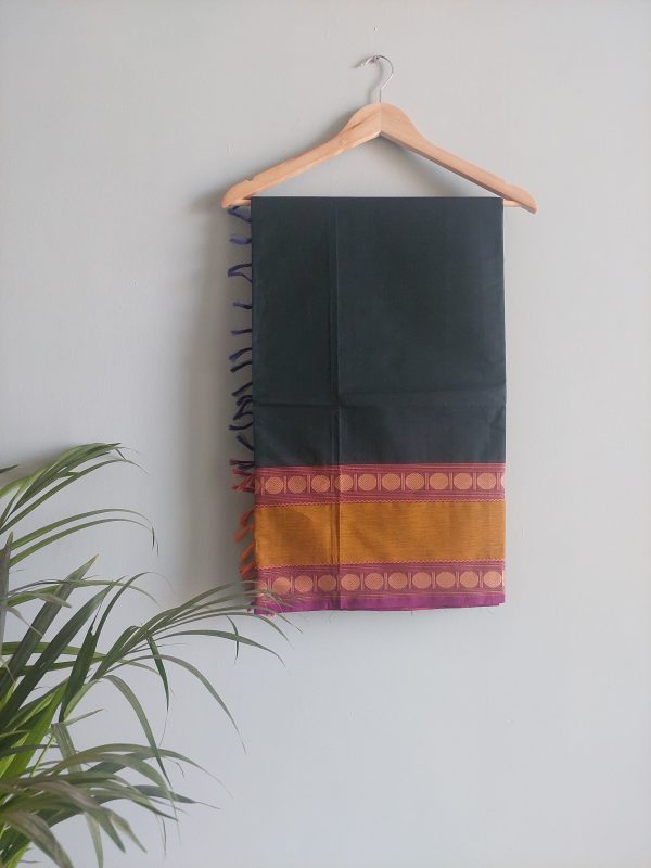 Dark Green and Mustard Yellow Handloom Cotton Saree - Image 2