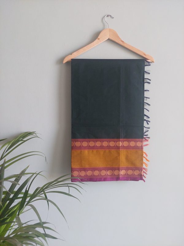 Dark Green and Mustard Yellow Handloom Cotton Saree - Image 3