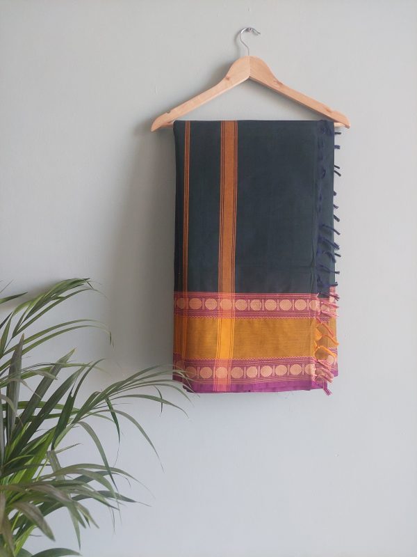 Dark Green and Mustard Yellow Handloom Cotton Saree - Image 5