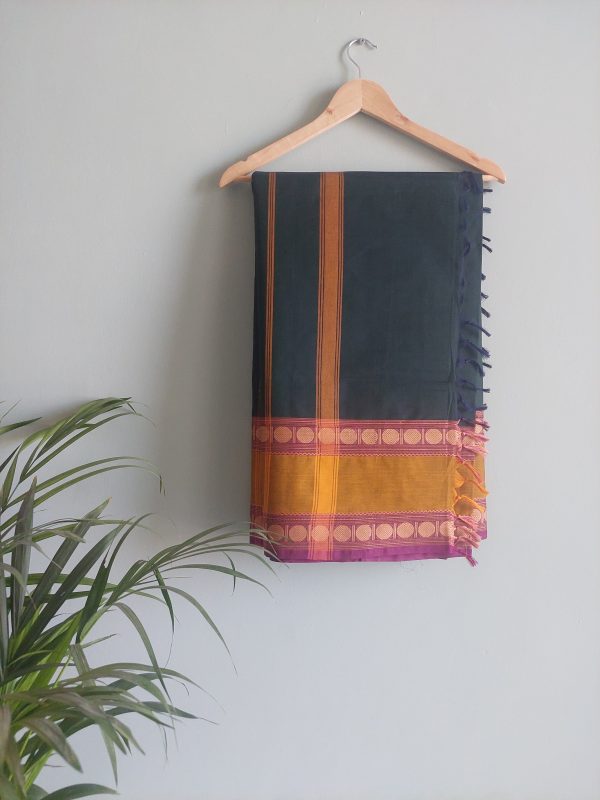 Dark Green and Mustard Yellow Handloom Cotton Saree - Image 6