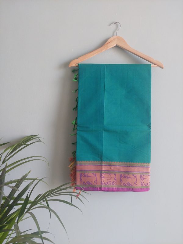 Teal & Magenta Chettinad Cotton Saree - Image 3